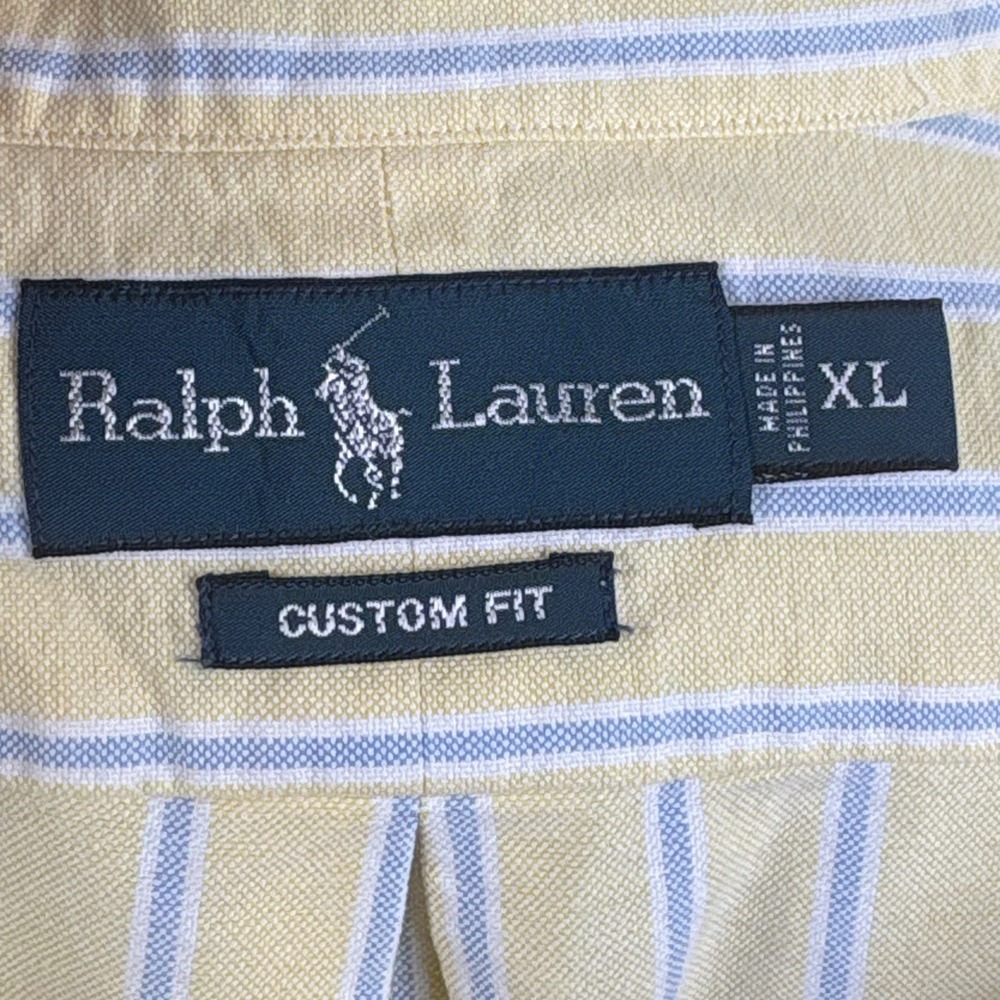 Ralph Lauren Mens Custom Fit Oxford Yellow Blue Stripe Flesh Pony XL Long Sleeve - Picture 5 of 6